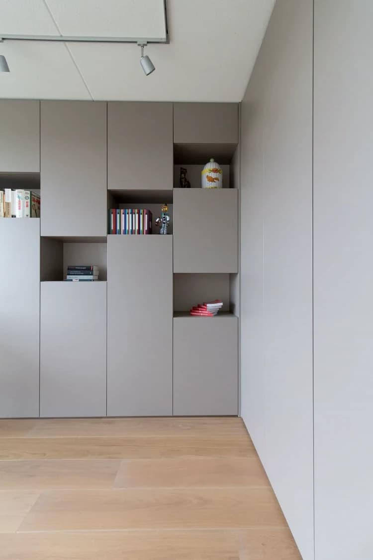 Kast met bureau, lichtgrijs decor open vakken hoekkast
