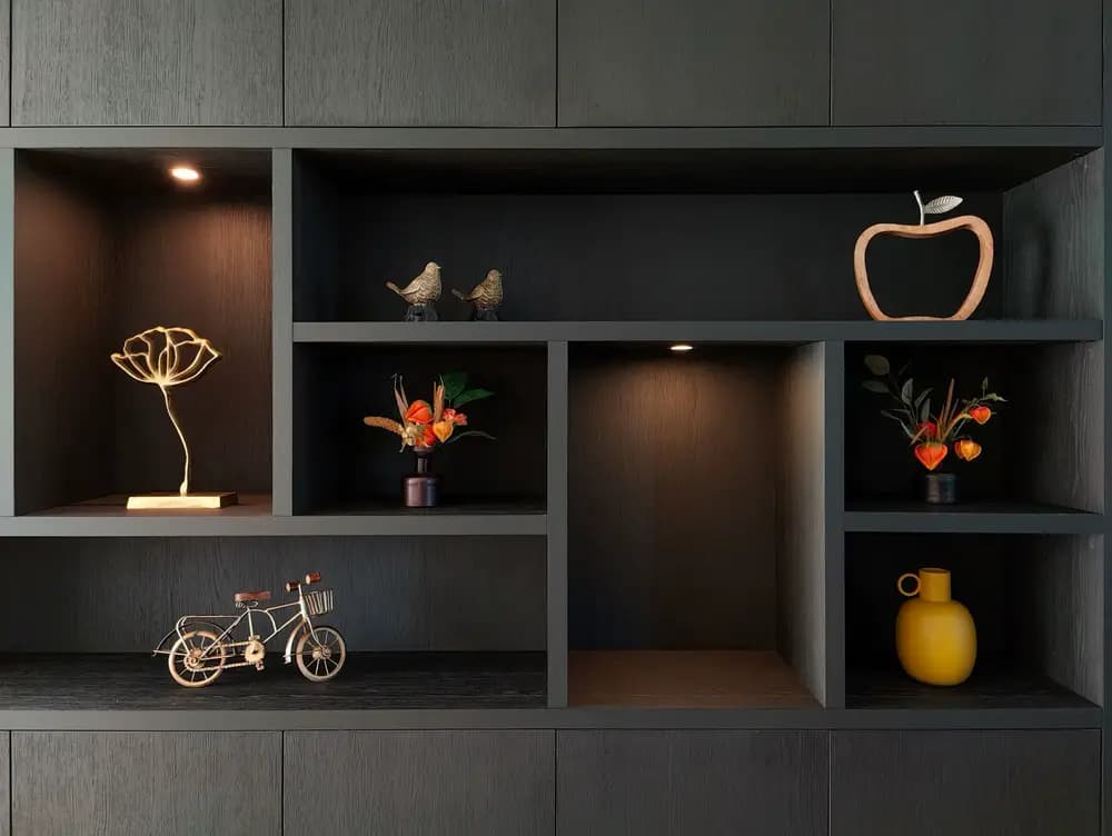 Detail van vakkenkast met spotverlichting en decoratieve objecten in Harderwijk.